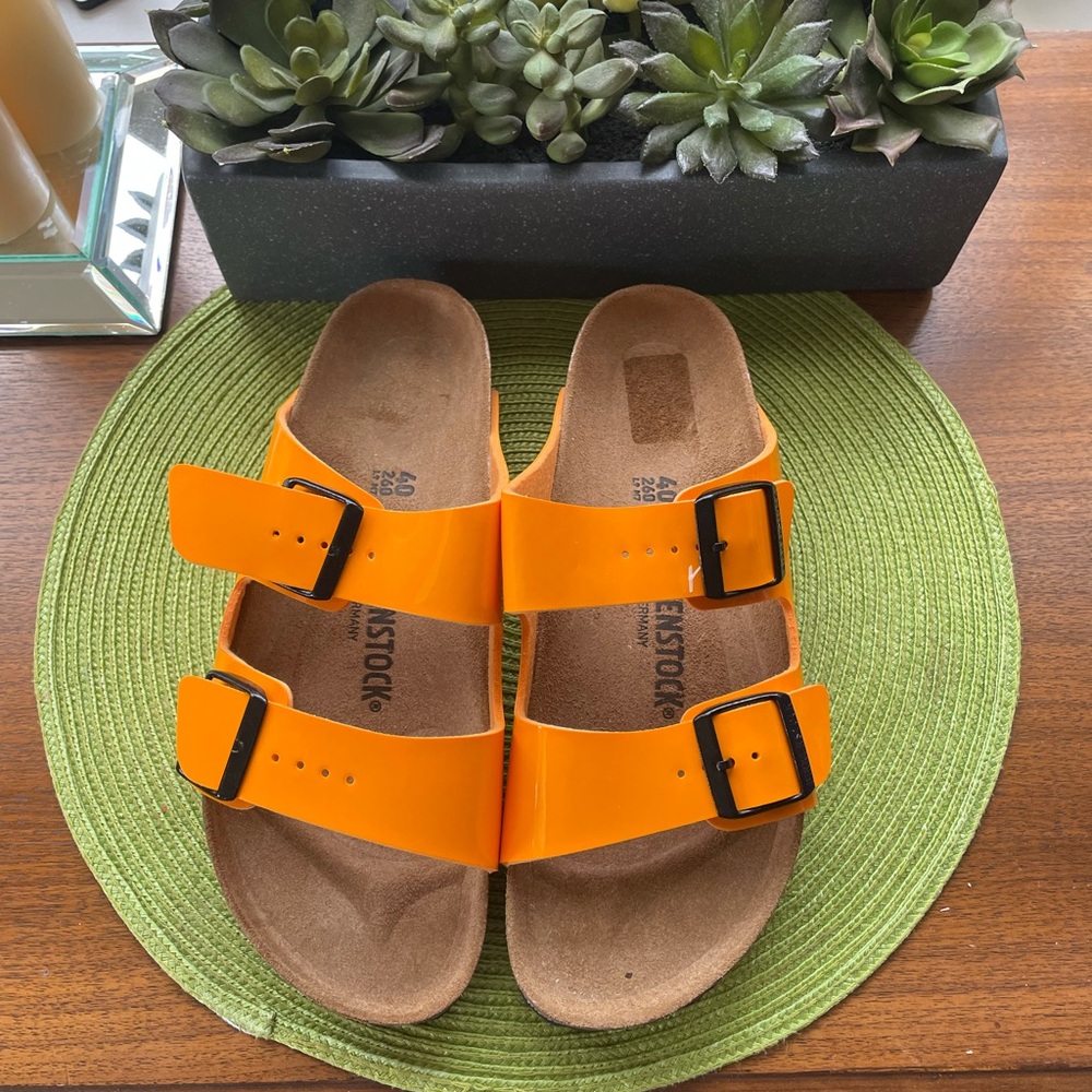 Orange patent Birkenstocks.  New, never worn.